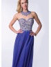 Jewel Neckline Beaded Royal Blue Chiffon Luxury Prom Dress